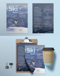 the ski resort brochure is displayed on a clipboard and next to a cup of coffee