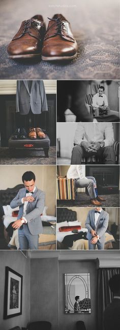 a man in a suit and tie tying his shoes