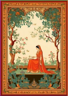 a woman sitting on top of a bench in front of trees and flowers with an orange shawl over her head