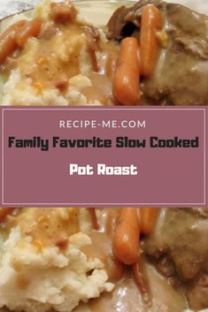 a plate with mashed potatoes and carrots covered in gravy on top