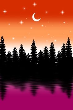 a pink sky with stars and trees reflected in the water