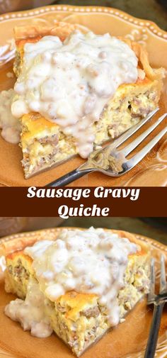 sausage gravy quiche on a yellow plate with a fork and brown background