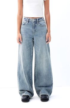 Elevate your street style with the Jessie Medium Indigo High Waisted Baggy Jeans from PacSun, crafted for both durability and fashion-forward style. Your fave 'fit gets updated with a flattering high-rise waist, keeping a relaxed baggy fit, making them the perfect blend of comfort and edge for your everyday look. They're made with sustainably sourced cotton for an eco-friendly update.Model is wearing a size 26Model measurements: 5’7” height, 30” bust, 23” waist, 33” hipLearn more about PacSun eco items PacSun Womens Jessie Medium Indigo High Waisted Baggy Jeans - Blue size 24 Short Over Sized Jeans, Pacsun Clothes, Brandy Hoodies, Pacsun Outfits, Light Wash Baggy Jeans, High Waist Baggy Jeans, High Waisted Baggy Jeans, Jeans For Fall, Pacsun Pants