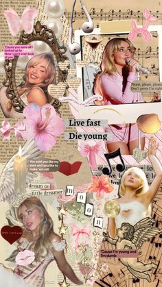 a collage with many different pictures and words on it's side, including an angel