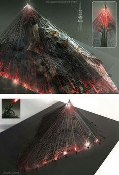 an artist's rendering of a sci - fi space ship with red lights on it