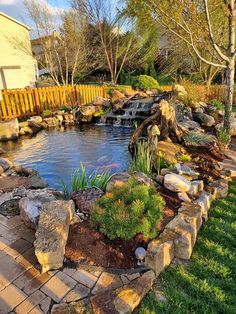 a small pond surrounded by rocks and grass