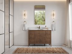 a bathroom with a rug, sink and mirror