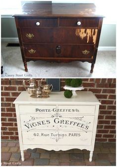 an old dresser has been painted with gold paint and then it's turned into a side table