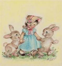 Little Girl with Bunnies By Marjorie Cooper Vintage Holiday Cards, Vintage Clipart, Greeting Card Collection