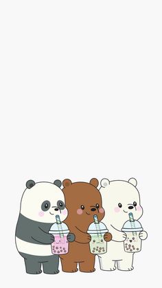 three bears are holding drinks and one bear is drinking from a cup with a straw in its mouth