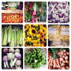 many different types of fruits and vegetables are shown in this collage, including broccoli, onions, carrots, squash, as well as well