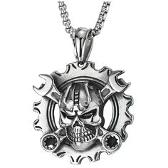 PRICES MAY VARY. Mens Steel Vintage Mechanic Wrench Gear Wheel Skull Pendant Necklace 30 in Wheat Chain Biker Gothic Metal: Stainless Steel Finishing: Polished and Blackened Dimension: pendant length: 6.7CM(2.64"); width: 5CM(1.97"); Chain length: 75CM(29.53"); Weight: 93.1g Package: Jewelry Box with Brand Name COOLSTEELANDBEYOND *Condition: 100% brand new
*Code: MP-1398
*Metal: Stainless Steel
*Finishing: Polished and Blackened
*Chain: Steel Wheat Chain
*Clasp:Lobster Claw
*Dimension: pendant l Vintage Mechanics, Package Jewelry, Gear Wheels, Skull Pendant Necklace, Pirate Skull, Gothic Metal, Biker Chic, Skull Carving, Skull Jewelry