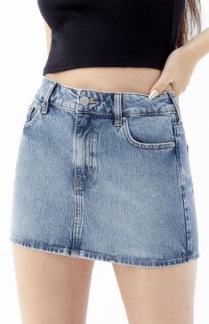 Light Blue Stretch Mid Rise Denim Mini Skirt Fit Checks, Denim Skort, Zach Bryan, Skirt Trends, Indigo Denim, Family Photo Outfits, Photo Outfit, High Rise Denim, Denim Mini