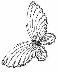 a black and white drawing of a butterfly with dots on it's back wing