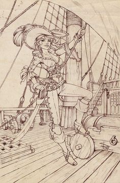 a black and white drawing of a woman on a ship with a pirate's hat