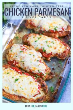 chicken parmesan in a baking pan with text overlay