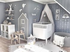 a baby's room decorated in gray and white