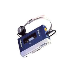 a blue cassette player with headphones attached to it's earpieces on a white background