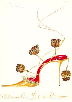 a drawing of a high heeled shoe with flowers on it