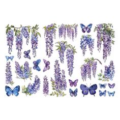 purple flowers and butterflies are arranged in the shape of a wall hanging on a white background