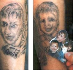 two pictures of people with faces on their arms, one has a child and the other has an adult