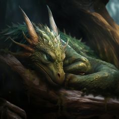 a green dragon laying on top of a tree branch