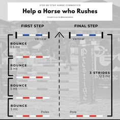 a horse jumping over an obstacle with the words help horses who rushes first step