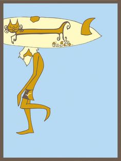 a drawing of a woman carrying a surfboard on her head with a cat on it