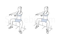 a woman doing squats on a bench with one arm extended and the other facing forward