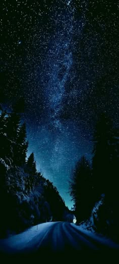 the night sky is filled with stars and clouds above a snowy road that has trees on both sides