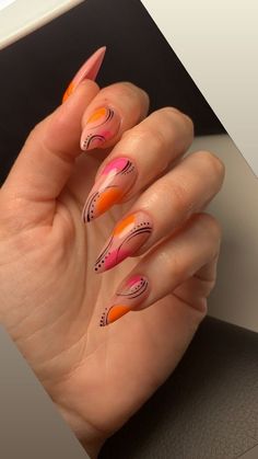 Colorful Nails, Thanksgiving Nails, Pink Nail, Black Line, Orange And Pink, Chic Nails, Dope Nails, Nail Arts, Best Acrylic Nails