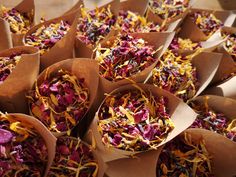 many different types of dried flowers in brown paper cups