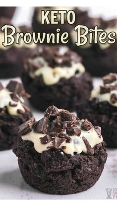 chocolate keto brownie bites with white frosting on top