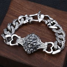 Mens Sterling Silver Jewelry, Lion Bracelet, Cuban Chain Bracelet, Linked Bracelet, New Gold Jewellery Designs, Dragon Bracelet, Silver Chain For Men, Metal Cuff Bracelet, Biker Jewelry