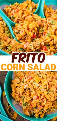 corn salad in blue bowls with text overlay that reads, frito corn salad