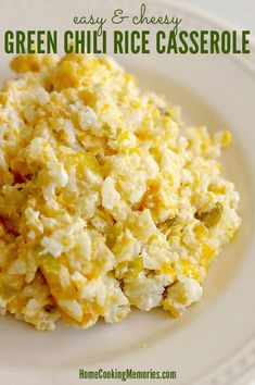 a white plate topped with green chili rice casserole