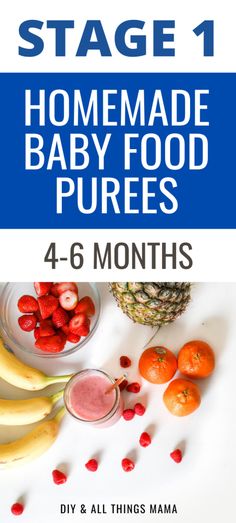 the flyer for stage 1 baby food pures, which includes strawberries and bananas