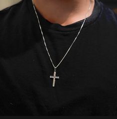 ✨Embrace a timeless and elegant look with our Men's Cross Necklace—an exquisite sterling silver pendant measuring 1 1/3", paired with the option of a sterling silver 1.3mm Classic Box Chain. Father's Day Silver Box Chain Jewelry, Cross Chain Men, Mens Cross Necklace, Sterling Silver Cross Pendant, Mens Crosses, Silver Cross Pendant, Cross Chain, Necklace For Men, Business Casual Men