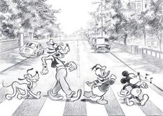 a drawing of mickey and friends crossing the street