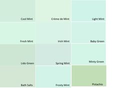 several shades of green paint with the names of each color in them, including light mint, fresh mint, and baby mint