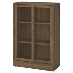 a wooden cabinet with two glass doors