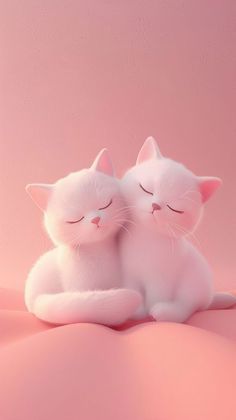 two white cats sitting next to each other on top of a pink surface with their eyes closed