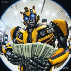 a robot holding money in his hands and looking at the camera