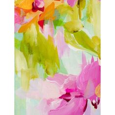 an abstract painting of pink and yellow flowers