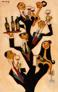 a painting of people holding wine glasses in the shape of a tree with bottles and glasses on it