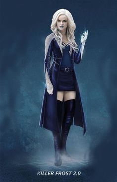 the character killer frost is dressed in blue and holding her hand up to her chest