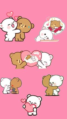 some cute little bears with hearts on pink background, and one bear holding a heart