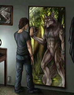 a man standing in front of a mirror next to a wolf painting on the wall