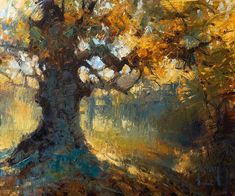 an oil painting of a tree with yellow leaves