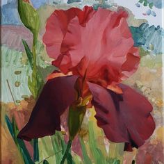 an oil painting of a red flower in a field